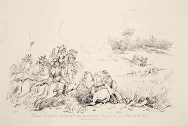 Französische Karabiniers rückten bis zum Mund unserer Kanonen vor, veröffentlicht von J. Booth, 1816